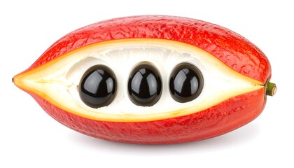 Ackee fruit showing black seeds against white background