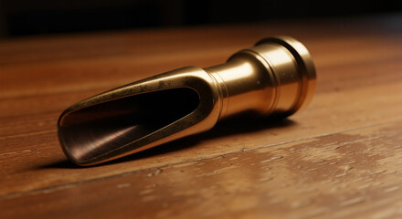 Vintage brass trumpet mouthpiece resting on a wooden table in a jazz club ambiance