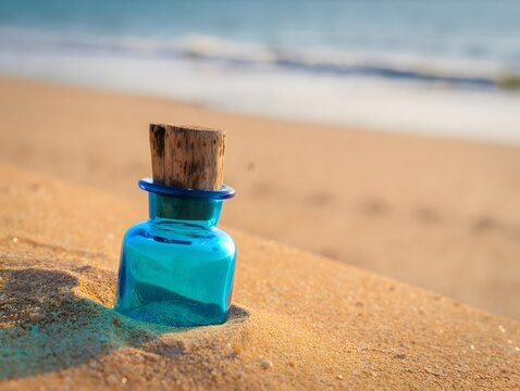 Blue bottle with cork on beach sand near ocean waves in the summer sunshine light day