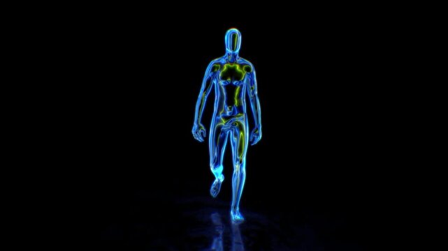 A humanoid character with vibrant glowing pulsing energy lines walking in an endless loop over a dark background and reflective floor.
