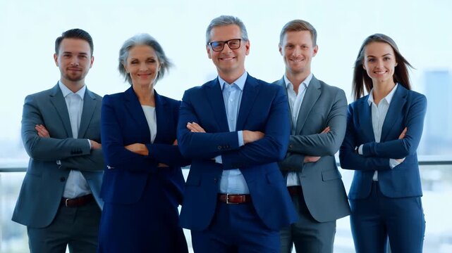 Corporate leadership team smiling confidently at camera, unified and diverse executives in suits conveying teamwork, professionalism, trust, and forward looking strategy in office portrait
