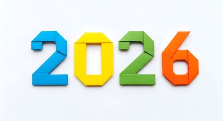 Colorful origami numbers forming the year 2026 isolated on grey white background