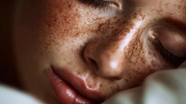 A Close-Up of a Peaceful Sleeper, Capturing the Delicate Freckles and Soft Features of the Face While in a State of Serene Slumber, Highlighting Tranquility and Restfulness