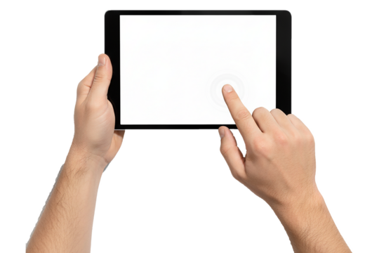 PNG. hand holding digital tablet. Male hands holding a digital tablet with a blank screen, finger tapping it Isolated on transparent background.