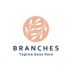 Modern Branches with minimalist botanical leaves circle icon for natural organic spa wellness beauty logo design