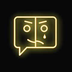 Yellow neon sign of a speech bubble showing a happy face and a sad face, representing bipolar disorder