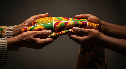Close-up of two pairs of hands, one elderly and one young, gently holding rich textured Kente fabric on a dark muted background