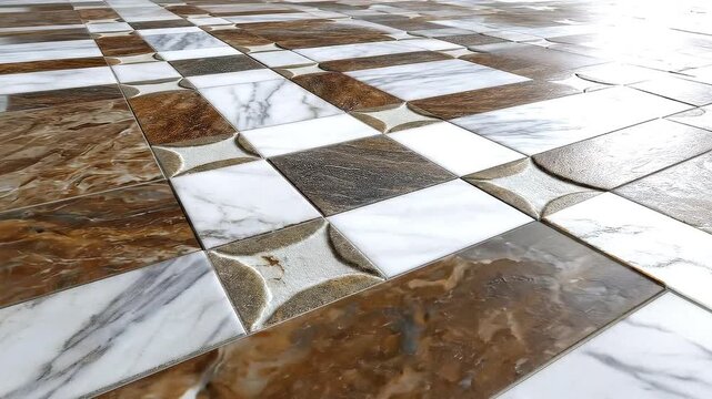Floor tiles create patterns of marble squares and curved designs in a room