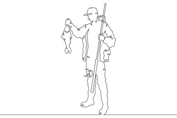 a fisherman with a caught fish. Fisherman with a spinning rod. Linear . One continuous line isolated minimalist illustration. Not AI.