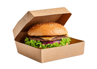 Fresh Cheeseburger in Brown Cardboard Takeout Box on White Background