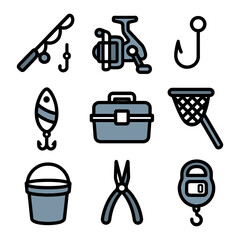 Fototapeta premium Essential fishing gear icons: rods, hooks, reels, net, lures, plier tools, scale.