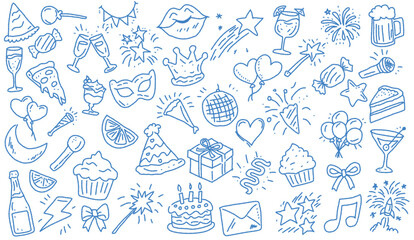 Festive Celebration Icons Set Featuring Party Elements Birthday Symbols Cheerful Decorative Doodle Illustration