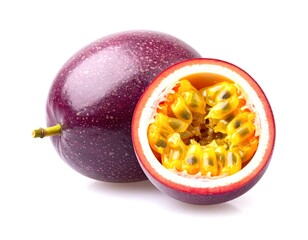 Passion fruit halved showing seeds and pulp on white background