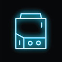 Glowing blue neon icon of a gas boiler heating water with a control panel on a black background