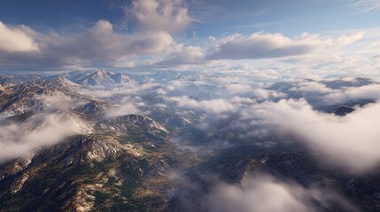 Fototapeta premium Majestic mountain range landscape seen from above through a blanket of soft clouds