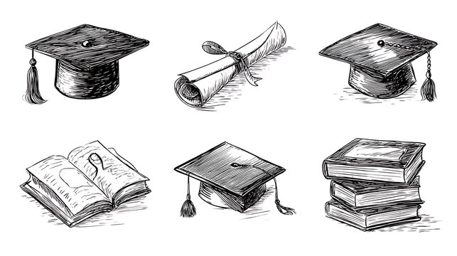 Academic Graduation Caps Books Sketch Set - Powered by Adobe