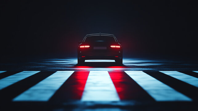Car silhouette stopping before glowing lines, zebra crossing caution, safe behavior cue