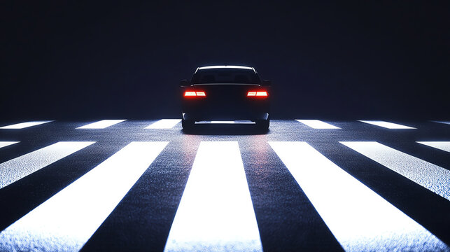 Car silhouette stopping before glowing lines, zebra crossing caution, safe behavior cue