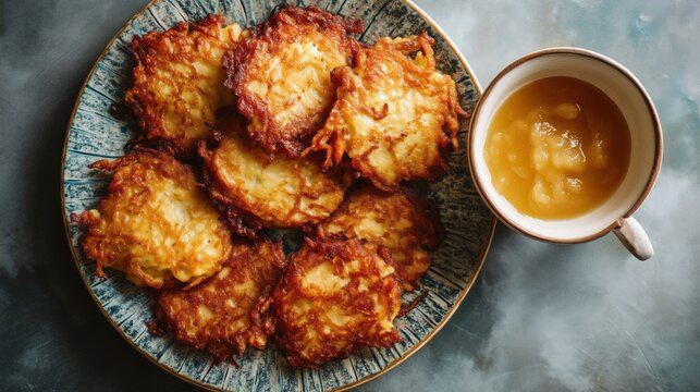 Flat lay of golden potato latkes with applesauce &mdash; Hanukkah traditional food