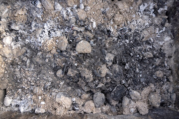 burnt coals from logs with a lot of dust and fumes, dust and burnt coals after cooking meat in the grill, close up