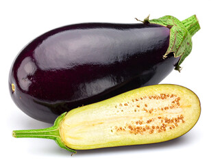 Fresh eggplants close up whole and sliced revealing seeds on white background