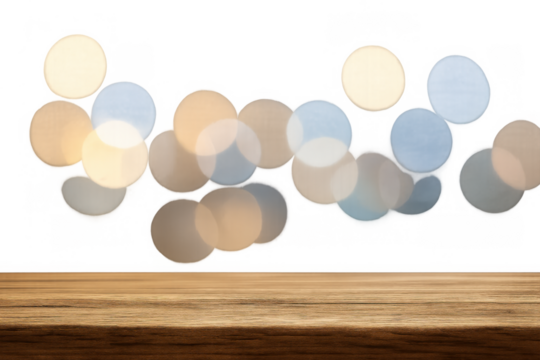 Wooden table top with blurred bokeh light effect on transparent background creating festive display platform