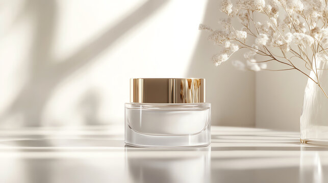 Cream jar mockup on glossy surface, mockup, luxury beauty branding