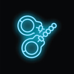 Neon sign of a pair of handcuffs glowing blue against a black background