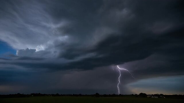  Lightning fiercely on a thunderstorm dusk. Lightning flashes through dark storm clouds. Blac