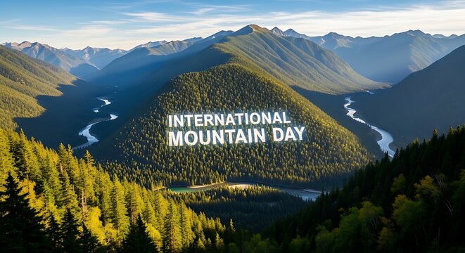 International mountain day scenic landscape of peaks and valleys with river and forest view nature travel - Powered by Adobe