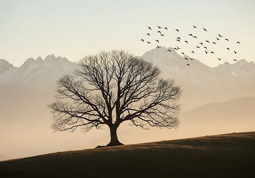 A lone, bare tree stands silhouetted on a grassy hill against a hazy, misty mountain range with a flock of birds flying in the distance at sunrise