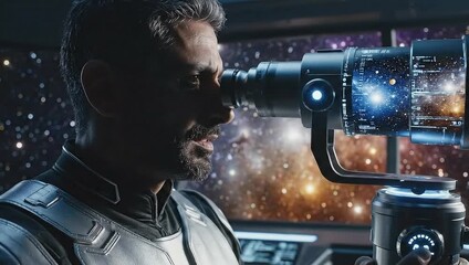 national science fiction day space explorer views galaxy with advanced telescope