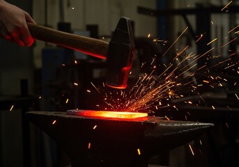 Brilliant sparks fly as a heavy hammer forcefully strikes a piece of glowing red steel resting on a solid metal anvil in a dark workshop ,steel ,hammer ,skill