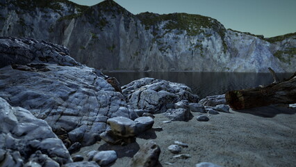 A tranquil scene unfolds at dusk along a rocky coastline. The smooth stones line the shore, while the still water reflects the distant cliffs under the fading light.