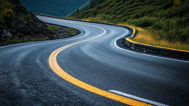 Highway curves with geometric caution lines, safe driving, turning safety