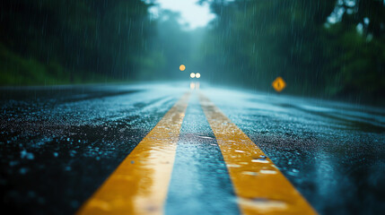 Light rain road with mild caution symbols, beginner driver, weather adaptation