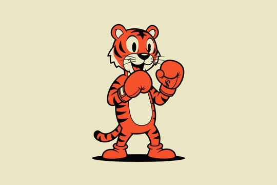 Cartoon tiger ready to fight with boxing gloves and determined e