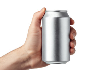 Hand Holding Silver Aluminum Can in Close Up on White Background