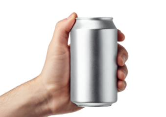 Hand Holding Silver Aluminum Can in Close Up on White Background