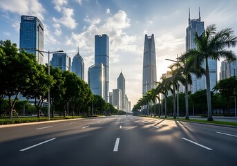 A wide asphalt road leads through a modern city with tall skyscrapers and lush green trees under a bright sky