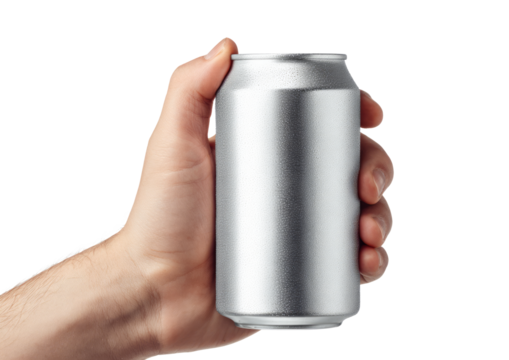 Hand Holding Silver Aluminum Can in Close Up on White Background