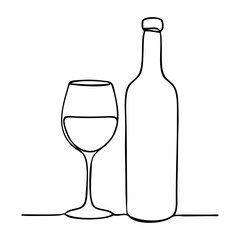 Dibujo de línea continua de copa con botella de vino	