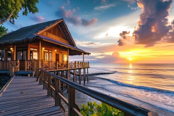 Sunset view of wooden beach house high resolution photo