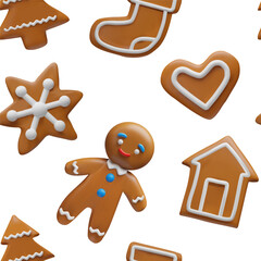 3D Seamless pattern of Christmas gingerbread cookies on a white background. Festive holiday illustration with gingerbread man, house, and tree shapes. Winter celebration dessert concept