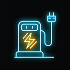 Glowing neon sign representing an electric vehicle charging station on a black background