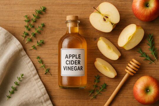 Apple cider vinegar bottle with honey and apples on wooden kitchen table