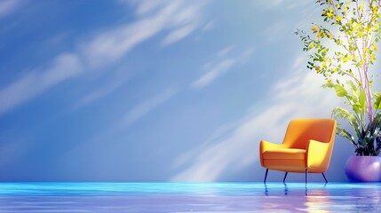 A single orange armchair sits beside a vibrant potted plant with yellow blooms, on a shimmering blue floor, with light and shadow patterns on a blue wall.