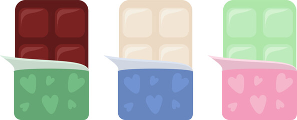 Set of three appealing small chocolate bars—dark, white, and matcha green tea—each partially unwrapped in heart-patterned wrappers, representing a romantic, delicious assortment of gourmet flavors.