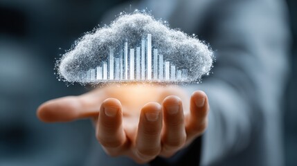 Professional hand holds glowing cloud data visualization with financial growth bars, symbolizing digital success and innovation.