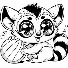 Cute lemur playing with a ball, simple black and white preschool coloring page